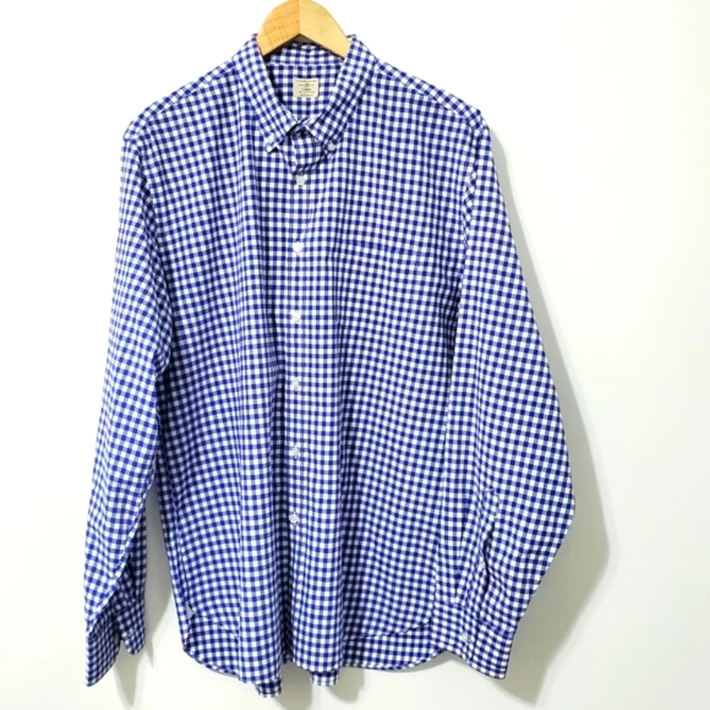 J. Crew Long Sleeve Button Down Shirt 2 Ply Cotton Blue White Gingham Check XL